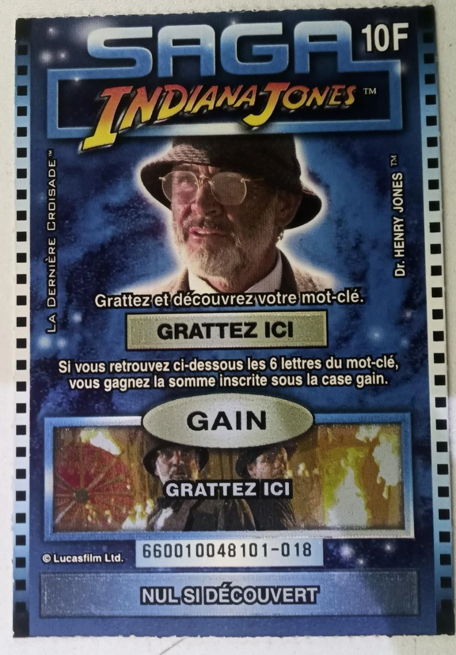 Ancien ticket à gratter FDJ SAGA Indiana Jones – 10 F – Non gratté
